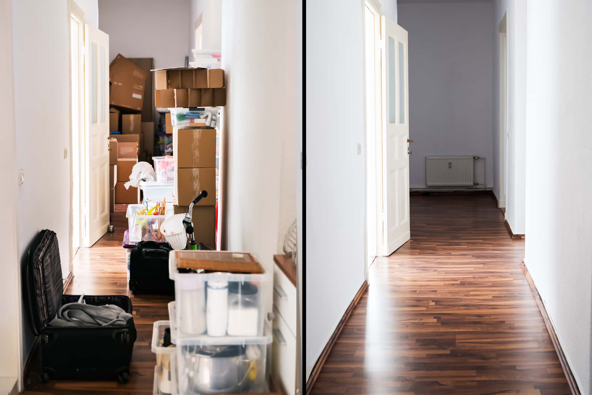 Entrümpelung vorher nachher: Flur einer Wohnung Vorher-Nachher-Vergleich einer Entrümpelung mit einem vollgestellten Flur links und demselben Flur leer und besenrein rechts
