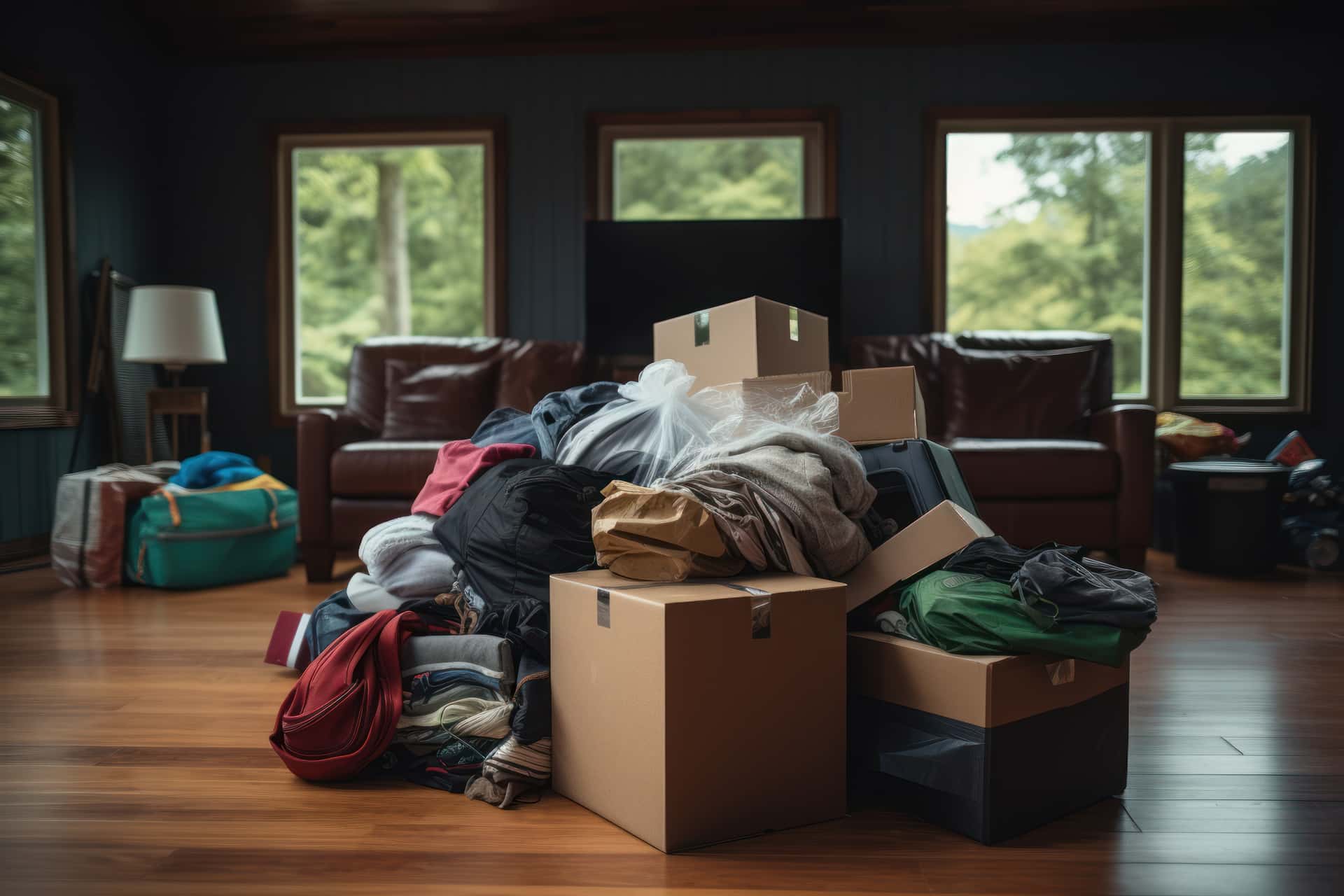 Messie Wohnung entrümpeln: Wohnzimmer voller Kleidung und Kartons Stark zugestelltes Wohnzimmer vor der Räumung einer Messie-Wohnung